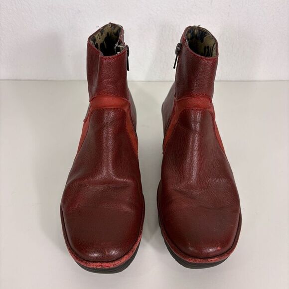 Fly London Red Leather Mid Calf Wedge Booties Size 8-8.5 - Picture 5 of 10